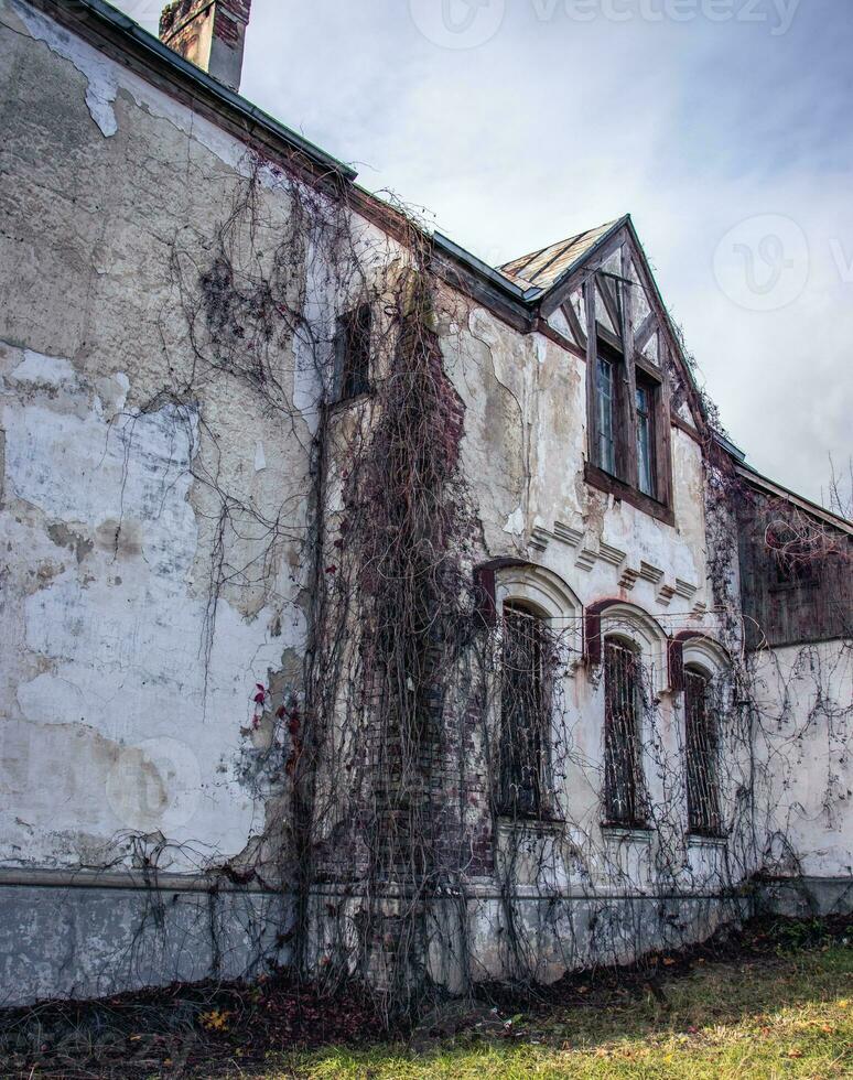 fachada do a velho construção com hera plantar conceito foto. arquitetônico detalhe do danificar casa. foto