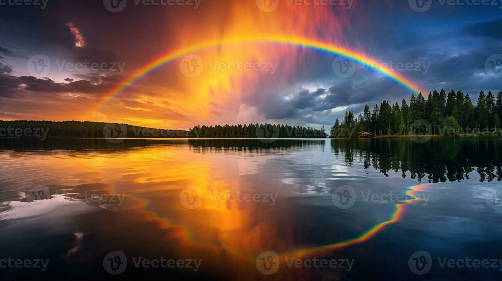 ai gerado uma pacífico panorama Prado campo com arco Iris dentro a céu foto