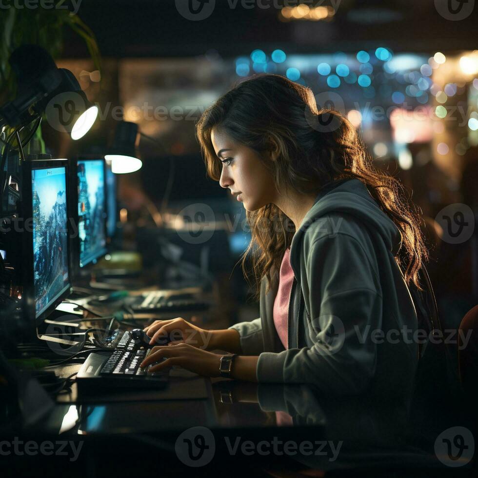 ai gerado jovem menina programador escrevendo código em a teclado, dentro a escritório espaço às noite. generativo ai. foto