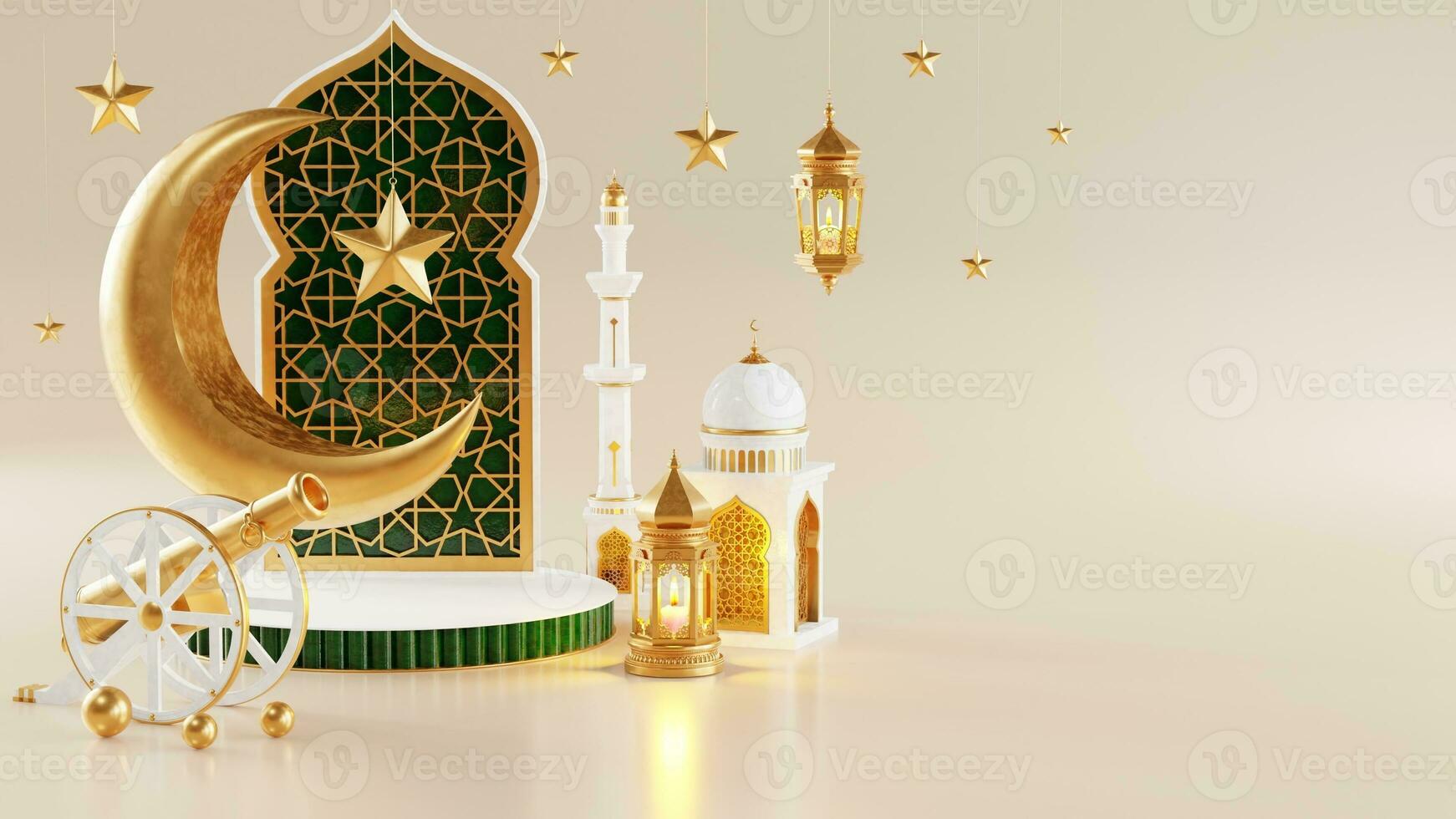 3d Ramadã kareem pódio com dourado lua Estrela e lanterna, mesquita porta islâmico padrão, árabe café Panela, encontro Palma fruta, pódio Como luxo islâmico fundo. decoração para Ramadã kareem. foto