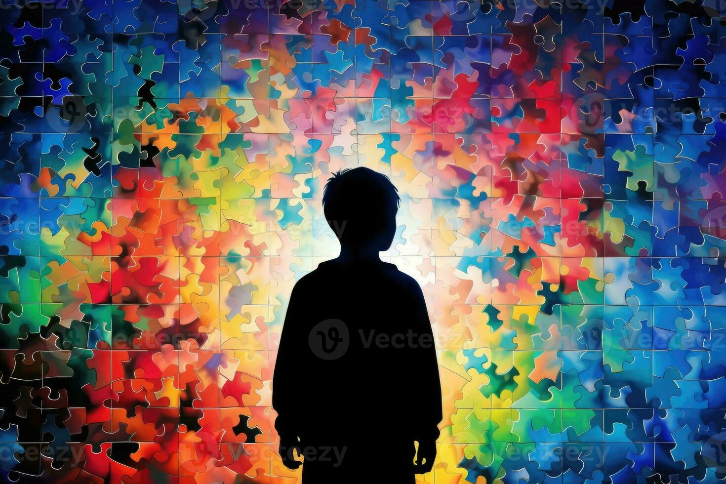 ai gerado mundo autismo consciência dia, a silhueta do uma criança contra a fundo do uma multicolorido enigma peça foto