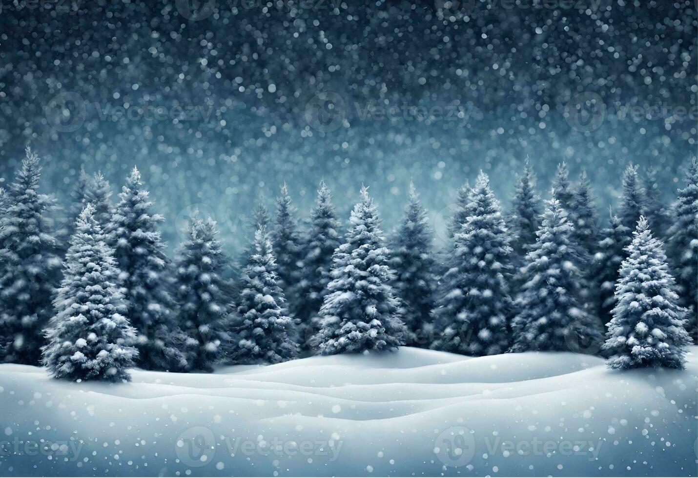 ai gerado inverno país das maravilhas frio azul floresta em uma nevando feriado noite foto