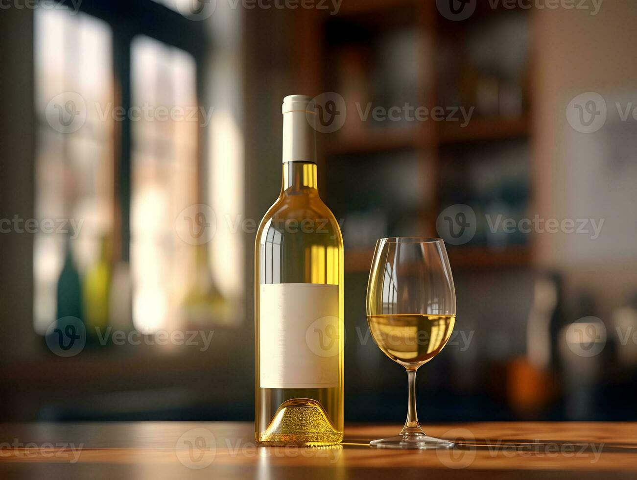 ai gerado uma garrafa do branco vinho em uma mesa dentro uma restaurante. foto