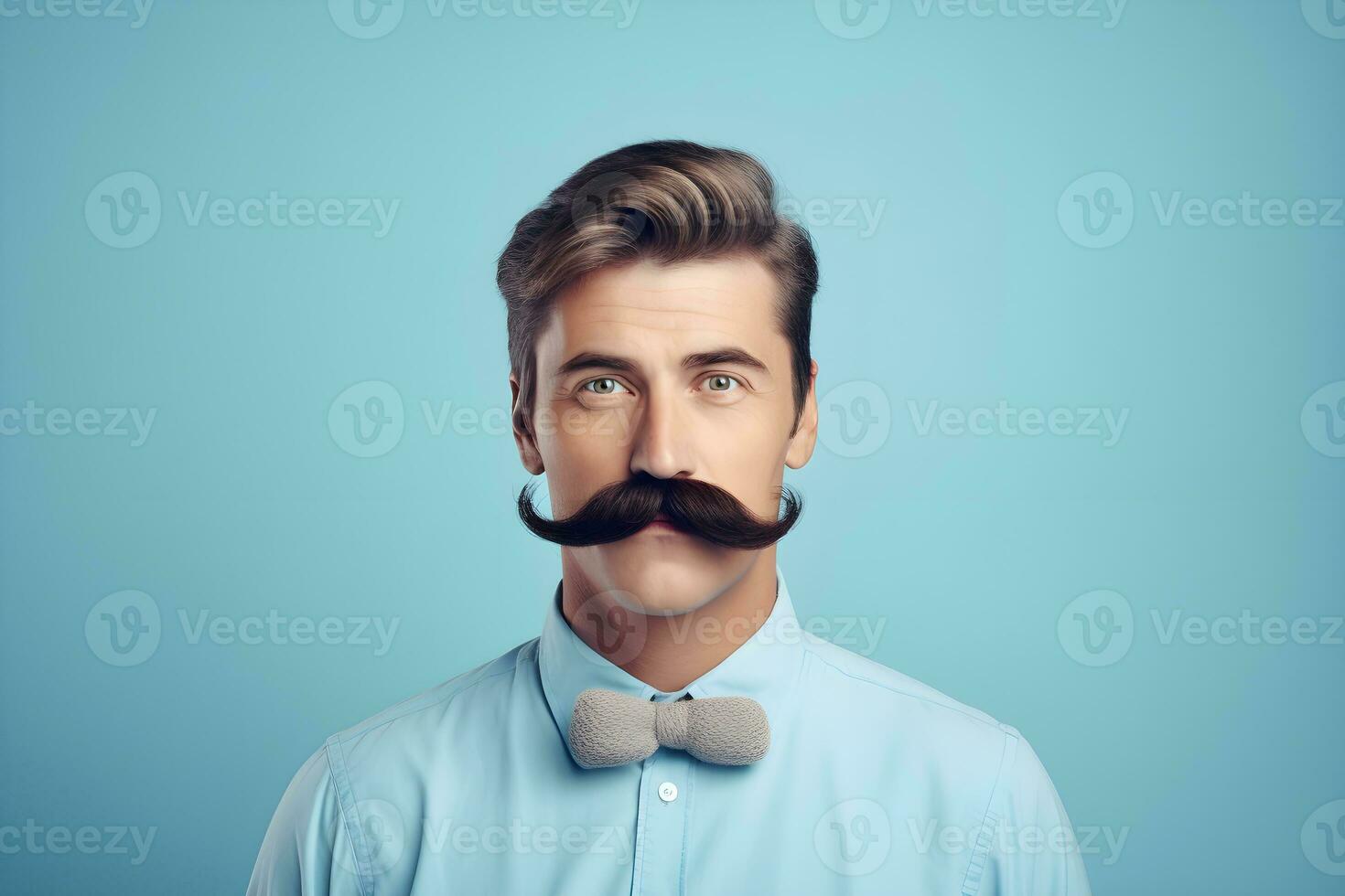 ai gerado jovem homem dentro uma azul camisa com uma exuberante Preto bigode. foto