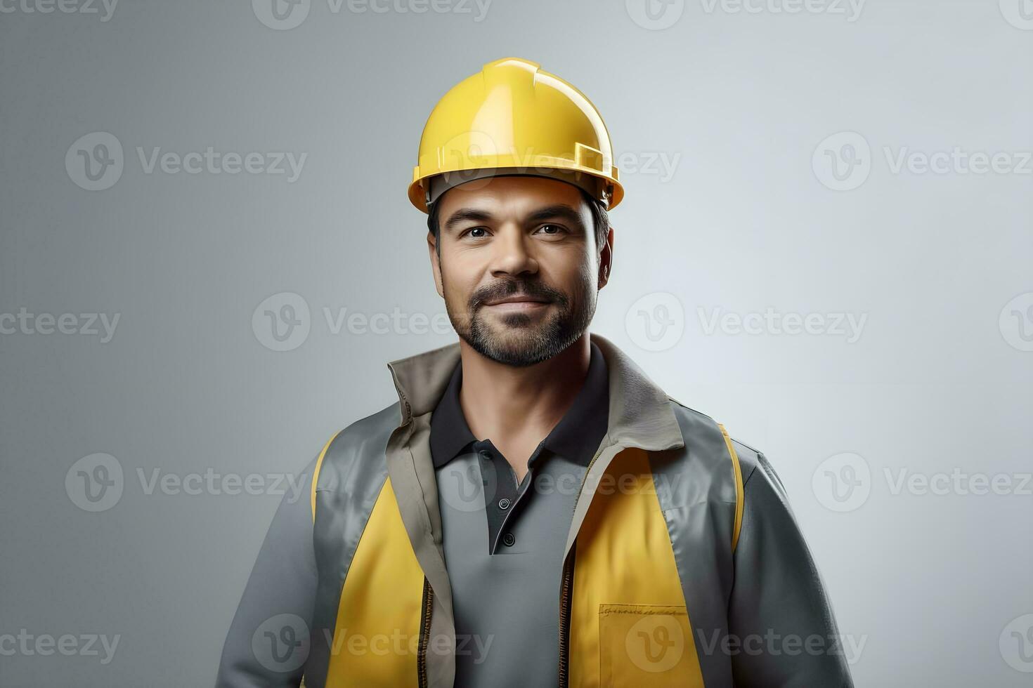 ai gerado masculino engenheiro em avião cinzento fundo. foto