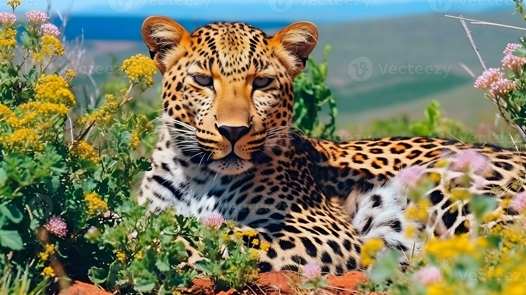 ai gerado uma leopardo descansos dentro a grama. foto