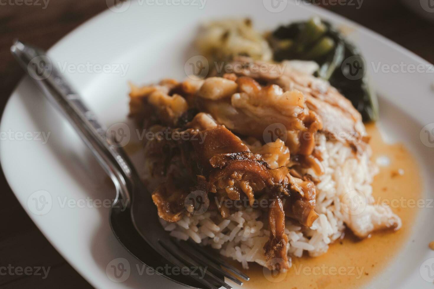 cozido carne de porco perna em cozinhou arroz. foto