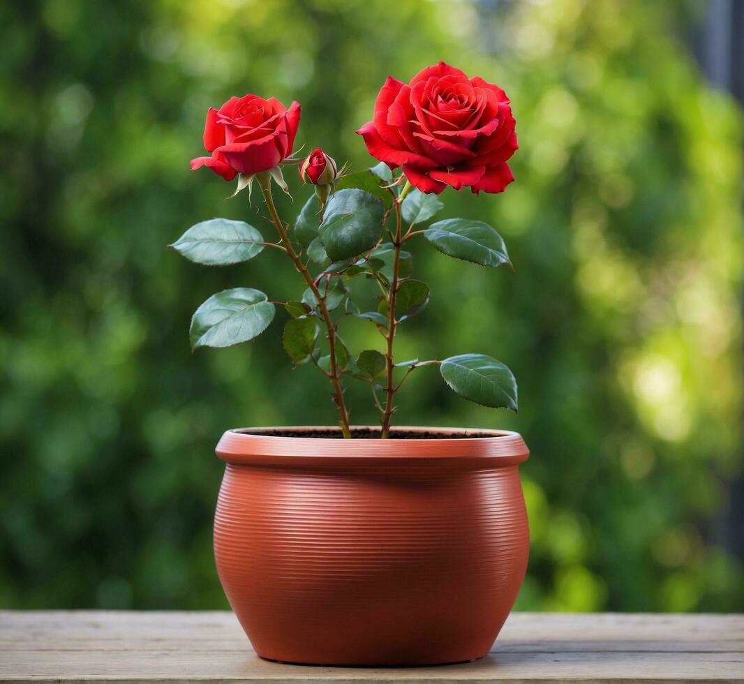 ai gerado uma vermelho rosa dentro uma vaso de flores em uma de madeira mesa em uma verde fundo foto