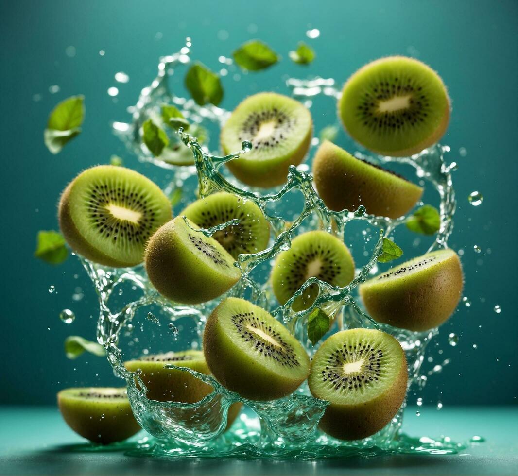 ai gerado kiwi fruta espirrando dentro água em uma turquesa fundo foto