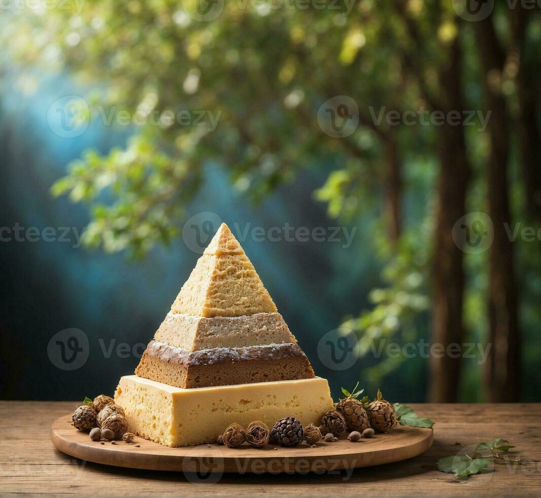 ai gerado peça do queijo bolo em uma de madeira mesa com uma borrado fundo foto