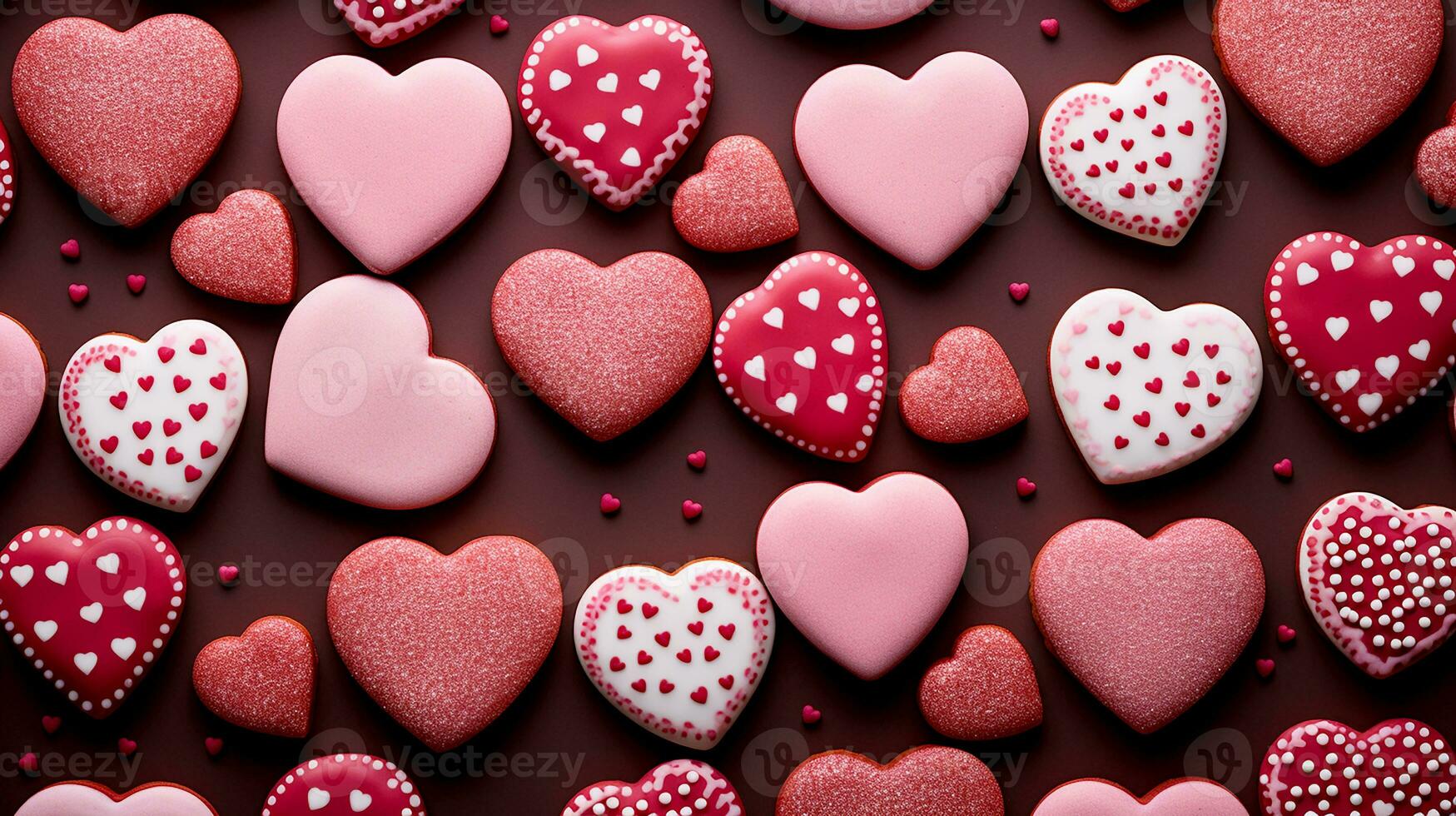 ai gerado topo ângulo Visão do rosa, vermelho e chocolate biscoitos com coração forma padronizar. grupo do coração forma biscoitos. para namorados saudações, romântico papel de parede conceito. generativo ai foto