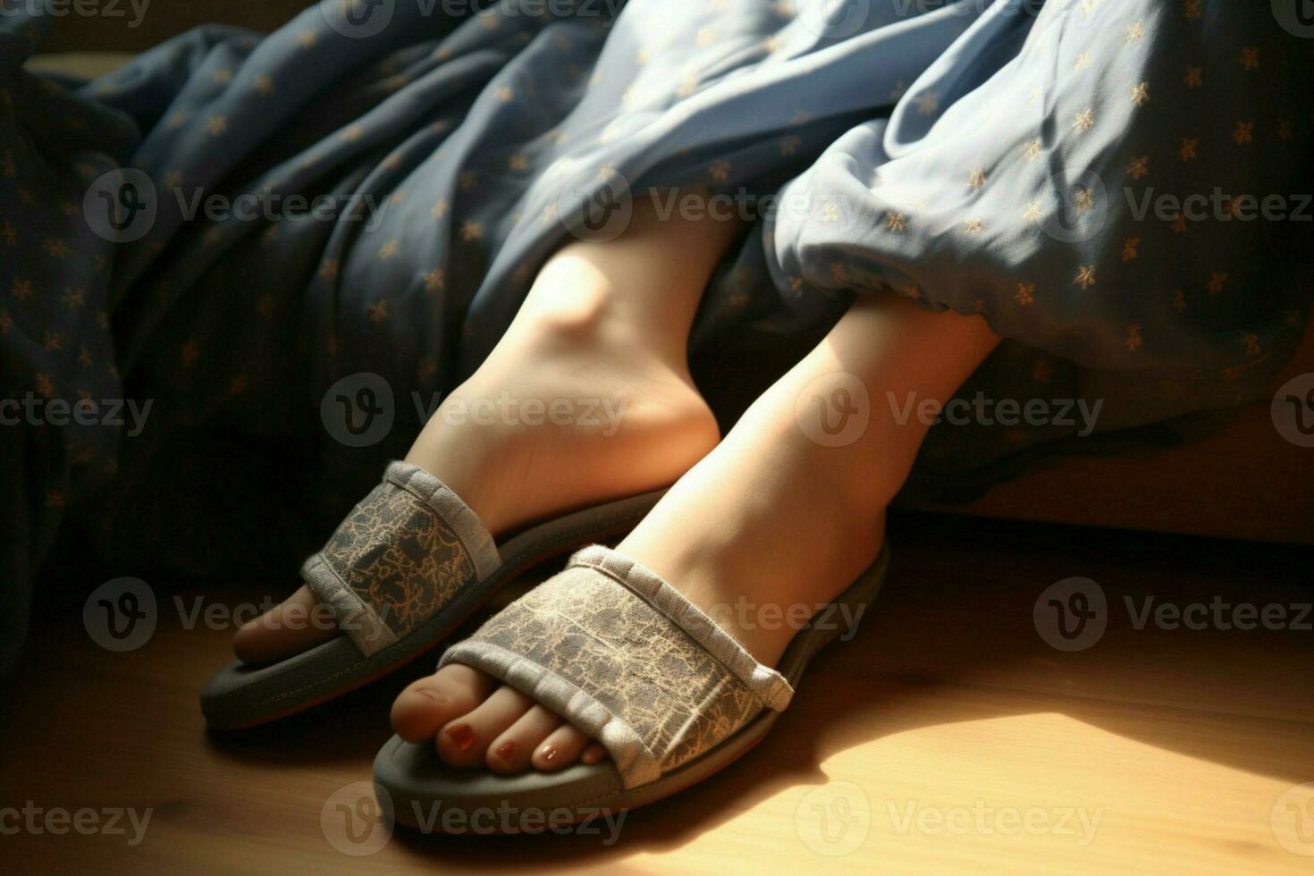 ai gerado suave degrau mulher pés adornado dentro chinelos, incorporando casa conforto foto
