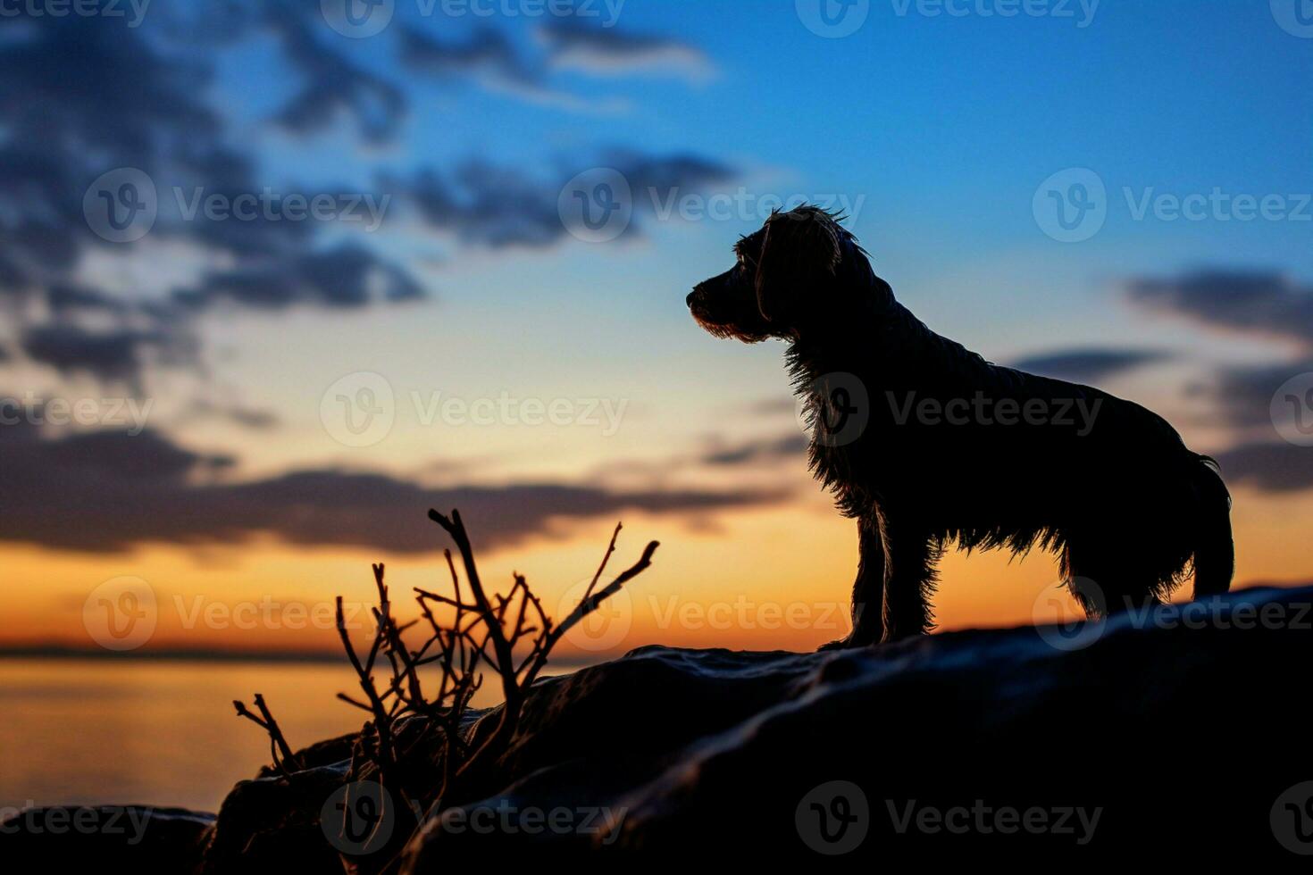 ai gerado tranquilo pôr do sol quadros a silhueta do uma fiel canino companheiro foto