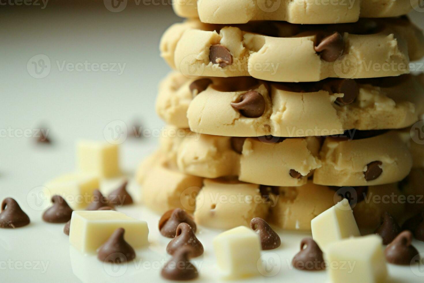 ai gerado fechar acima deleite uma monte do branco chocolate salgadinhos acena Doçura foto