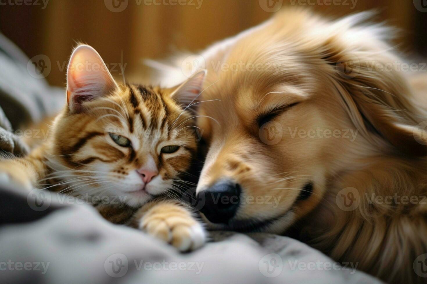 ai gerado pacífico quadro gato e cachorro apreciar uma harmonioso sesta, fomento adorável companhia foto