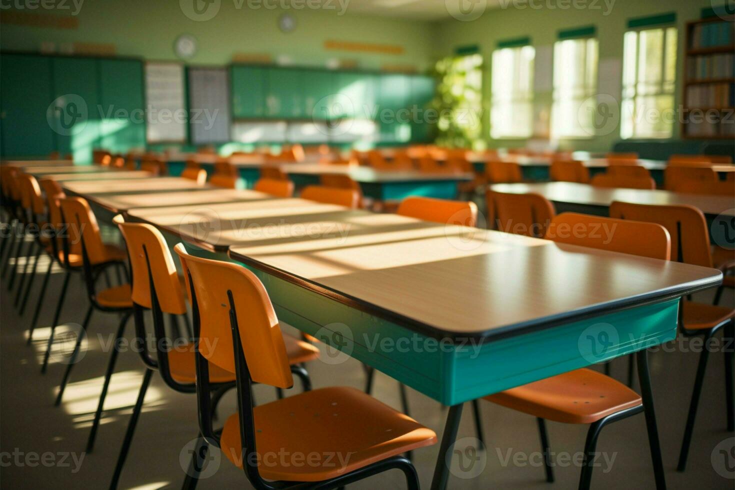 ai gerado borrado estude cena esvaziar sala de aula, uma Visão dentro suave foco foto