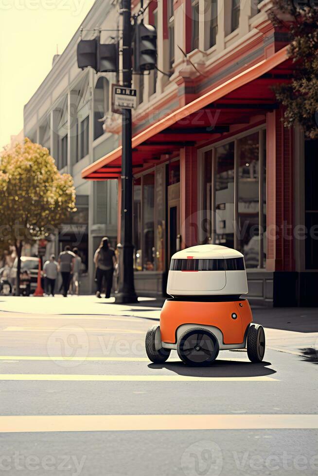 ai gerado Entrega robô é dirigindo baixa cidade rua. Autônomo último milha Entrega conceito. ai gerado foto