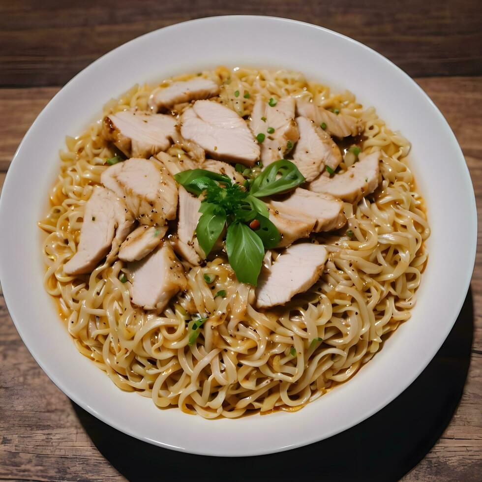 ai gerado tigela do cozinhou Macarrão com frango fatiado em isto. foto