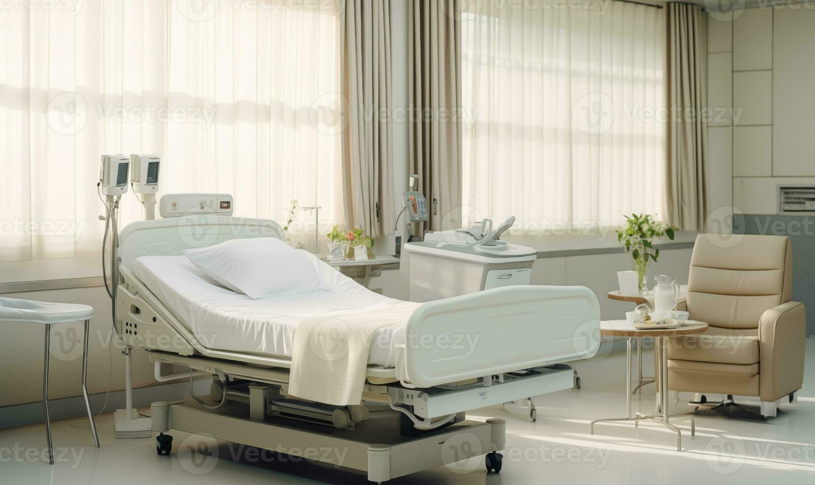 ai gerado hospital quarto com camas e confortável médico equipado dentro uma moderno hospital foto