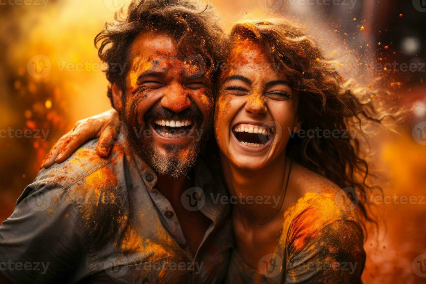 ai gerado holi feriado feliz casal dentro amor perfeitamente transmite a alegre e brilhante momento do alegria e união, a fundo é preenchidas com a alegre caos do colorida pós foto