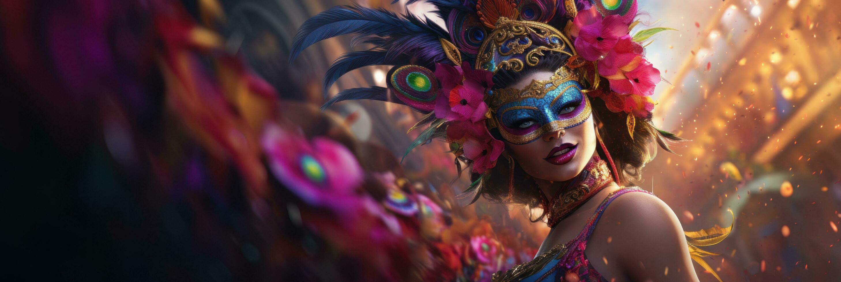 ai gerado mulher a comemorar carnaval Festa. personagem dentro carnaval fantasia, carnaval festival foto