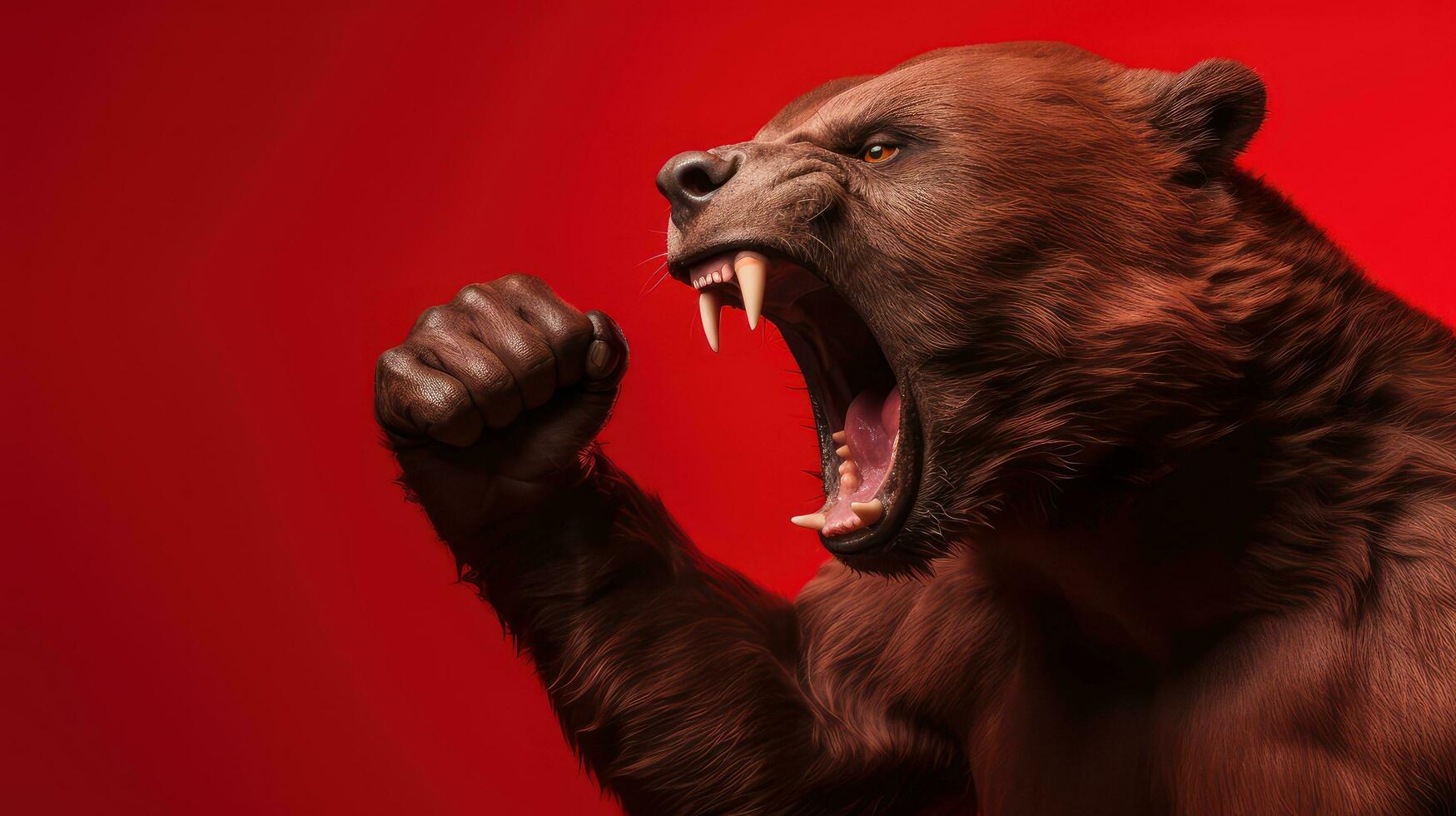 ai gerado músculo Urso gesto punho bombear, Urso mostrando brigando pose em vermelho fundo, grosseiro divergência dentro estoque mercado e criptomoeda negociação foto