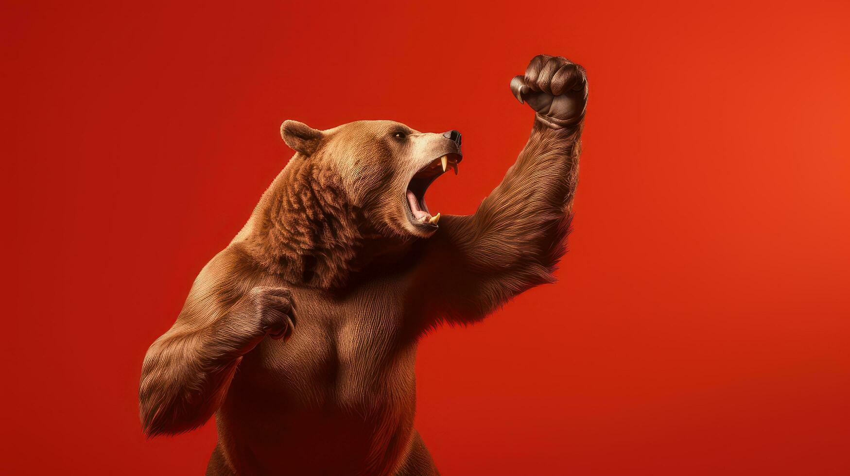 ai gerado músculo Urso gesto punho bombear, Urso mostrando brigando pose em vermelho fundo, grosseiro divergência dentro estoque mercado e criptomoeda negociação foto