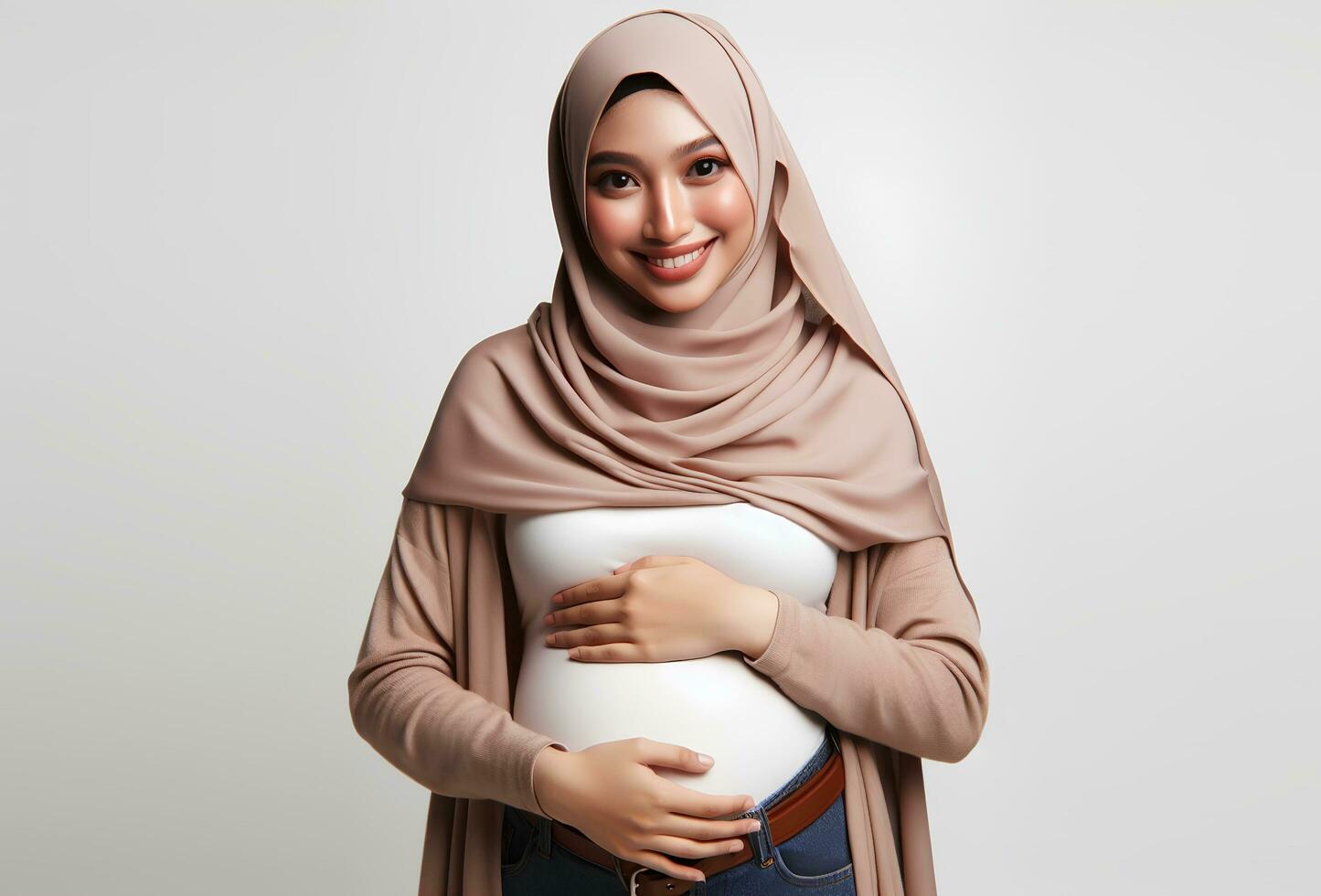 ai gerado ásia mulher dentro hijab com pose segurando grávida barriga e sorridente facial expressão isolado branco fundo foto