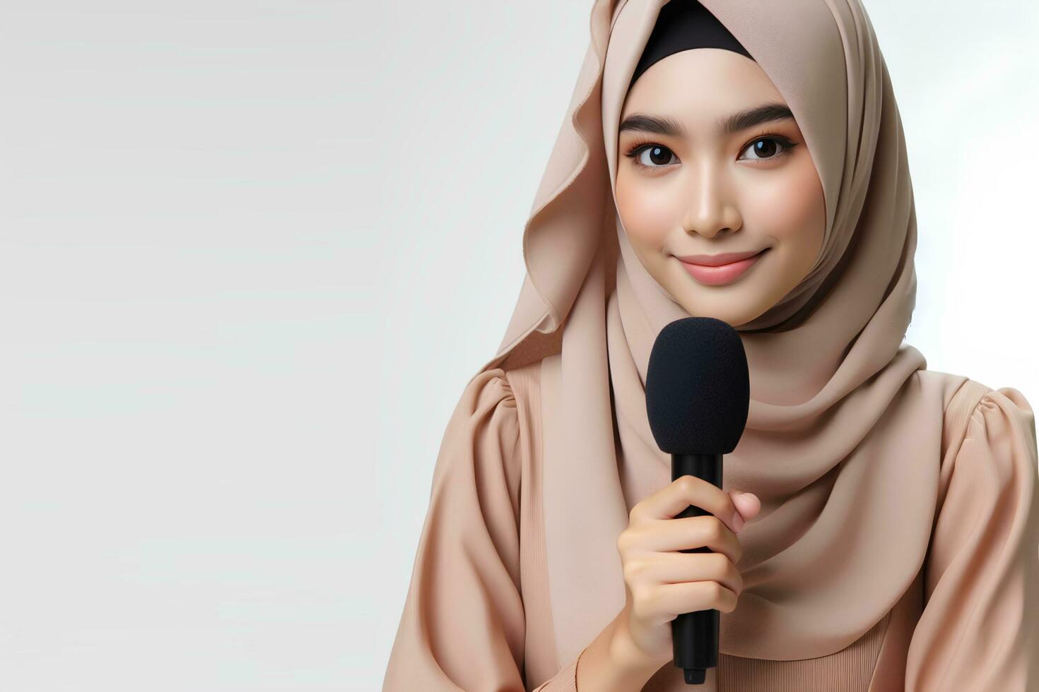 ai gerado a ásia fêmea apresentador dentro uma hijab detém uma microfone em uma branco fundo foto