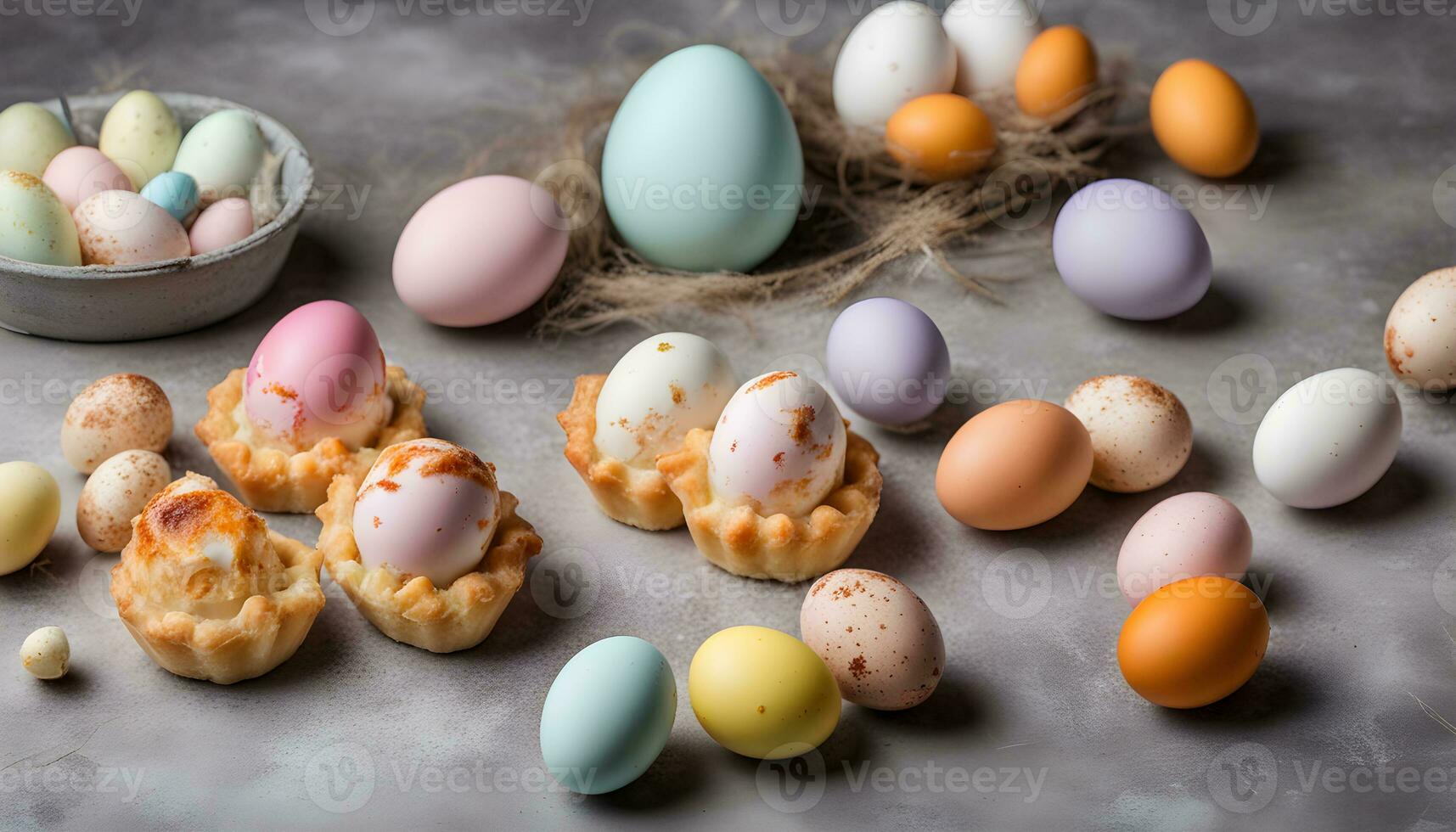 ai gerado uma variedade do colorida ovos estão arranjado dentro uma tigela foto