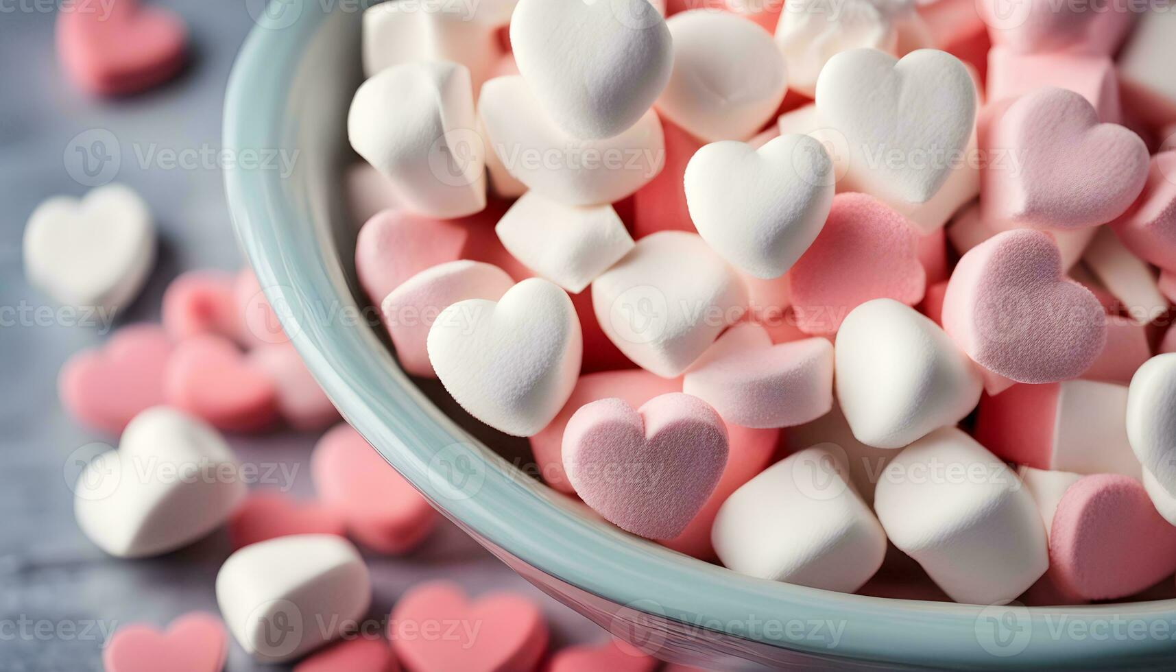 ai gerado uma tigela preenchidas com marshmallows e corações foto