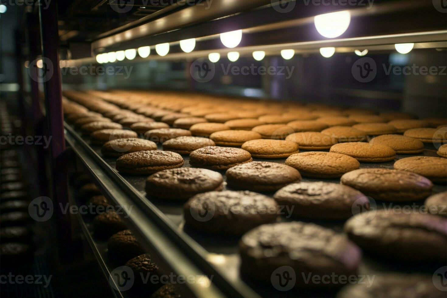 ai gerado chocolate bolacha fábrica linha trabalhos manuais delicioso guloseimas com precisão e de dar água na boca eficiência foto