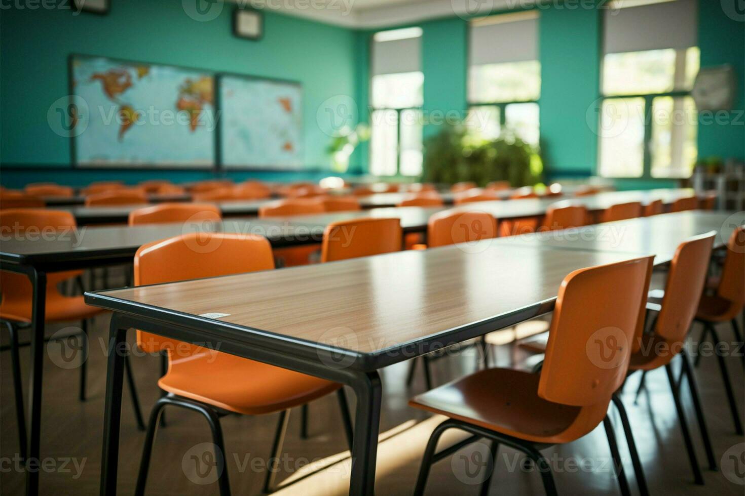 ai gerado desocupado Aprendendo espaço Visão do a esvaziar Sala de aula fundo borrado foto