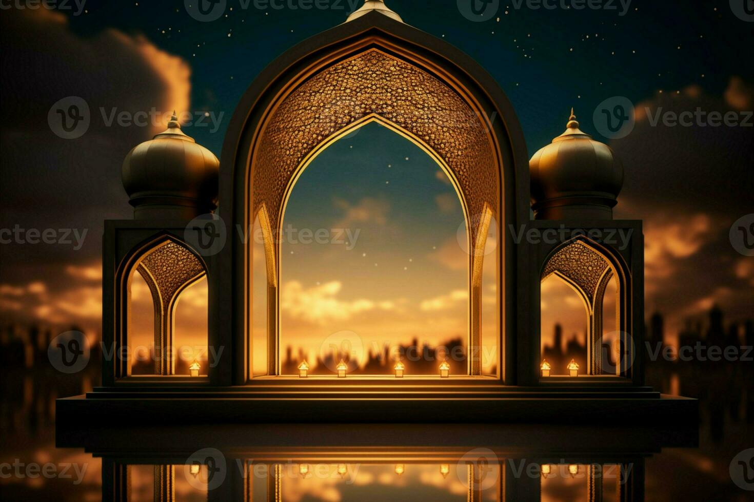 ai gerado radiante Ramadã kareem saudações com lanterna, mesquita, e janela foto