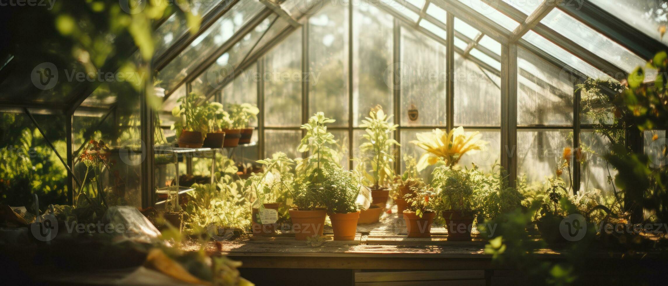 ai gerado sereno estufa preenchidas com exuberante vegetação e vibrante flora. ai generativo. foto