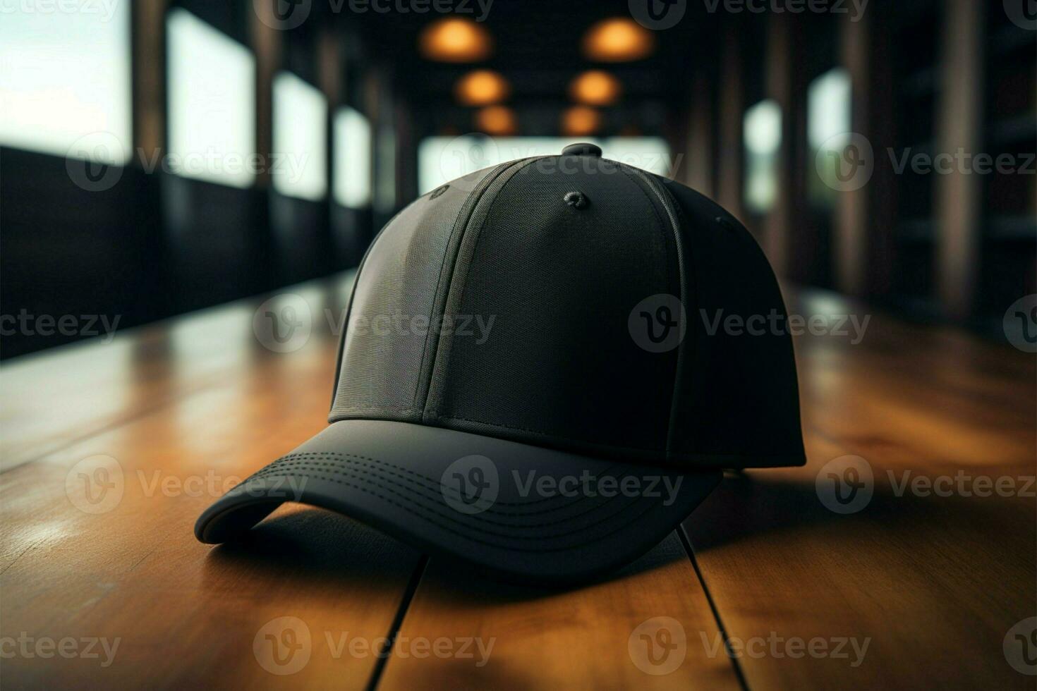 ai gerado clássico beisebol boné dentro Preto senta elegantemente em a mesa, adicionando uma à moda toque foto