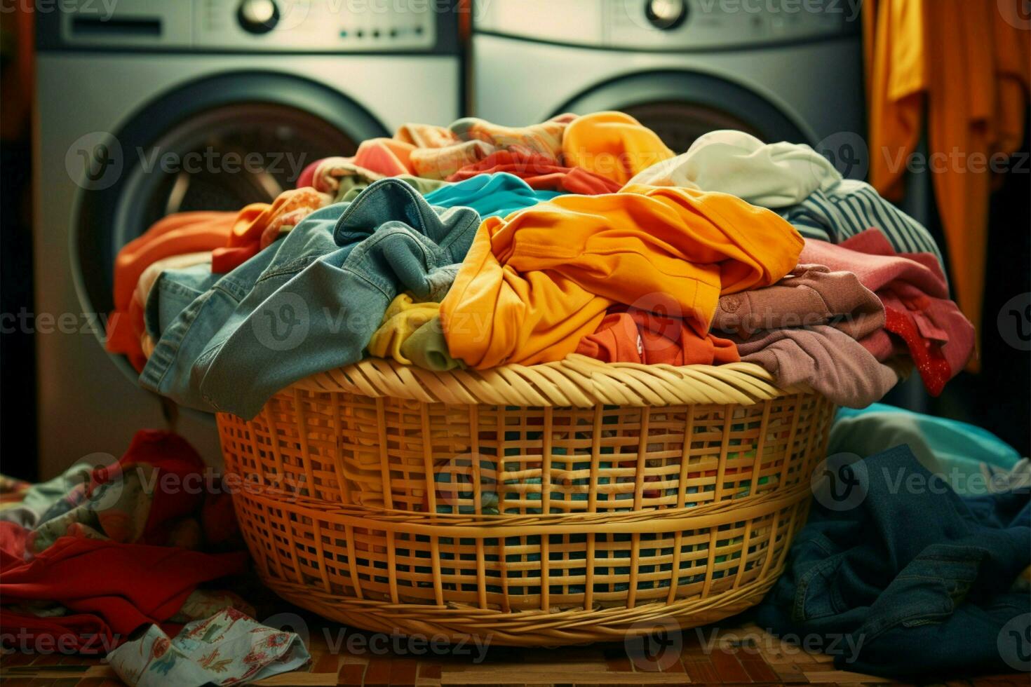ai gerado roupas acumular, criando uma bagunçado cena dentro a confins do a lavanderia cesta foto
