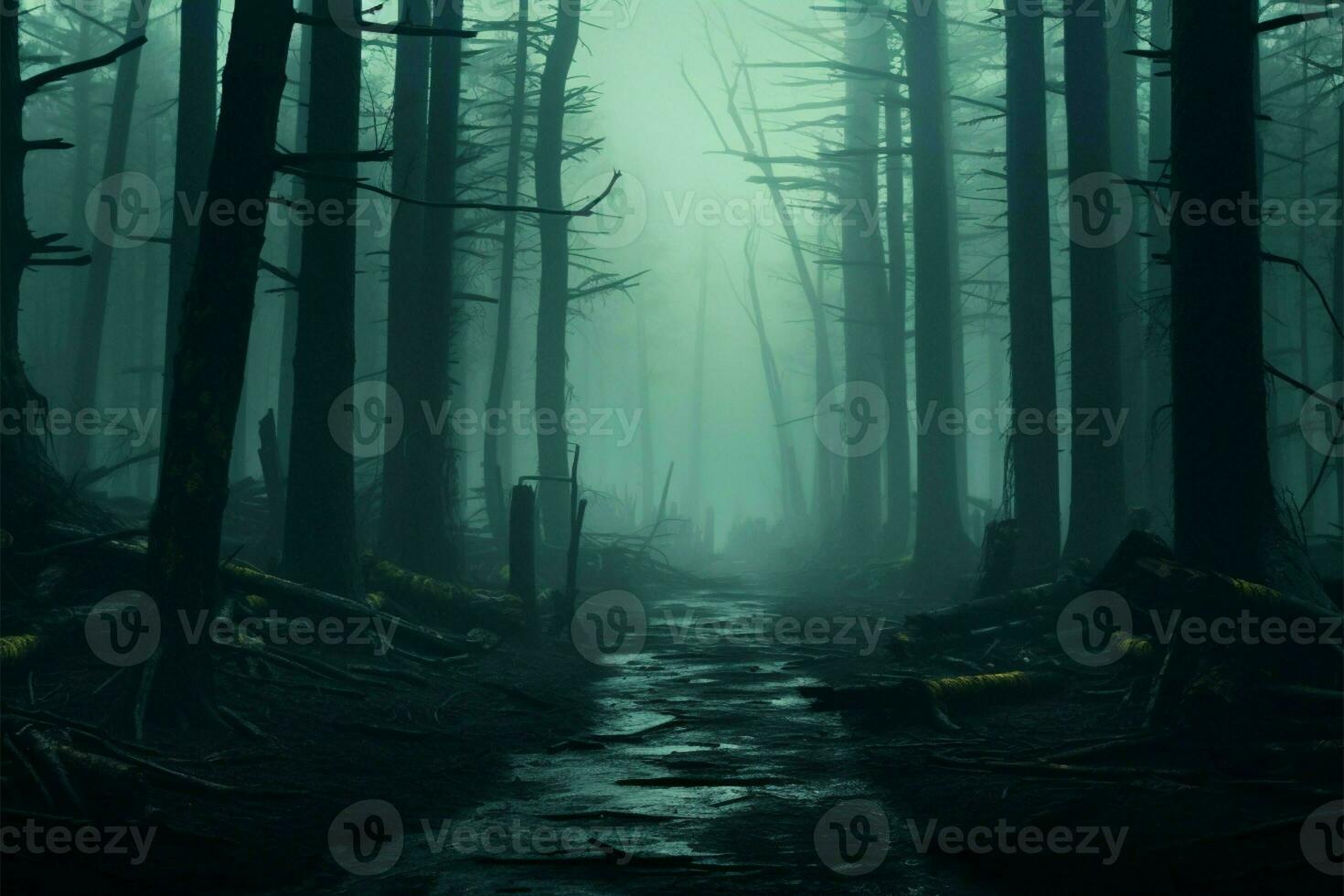 ai gerado Sombrio encantamento arrepiante névoa floresta paisagem, assombrosamente rendido dentro 3d foto