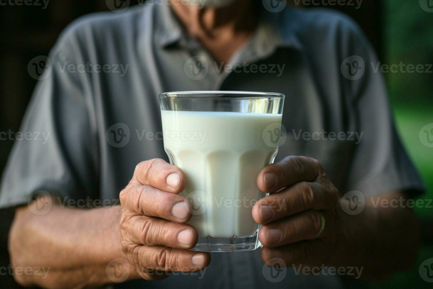 ai gerado segurando uma vidro do leite, homem advogados diariamente ingestão para cálcio foto