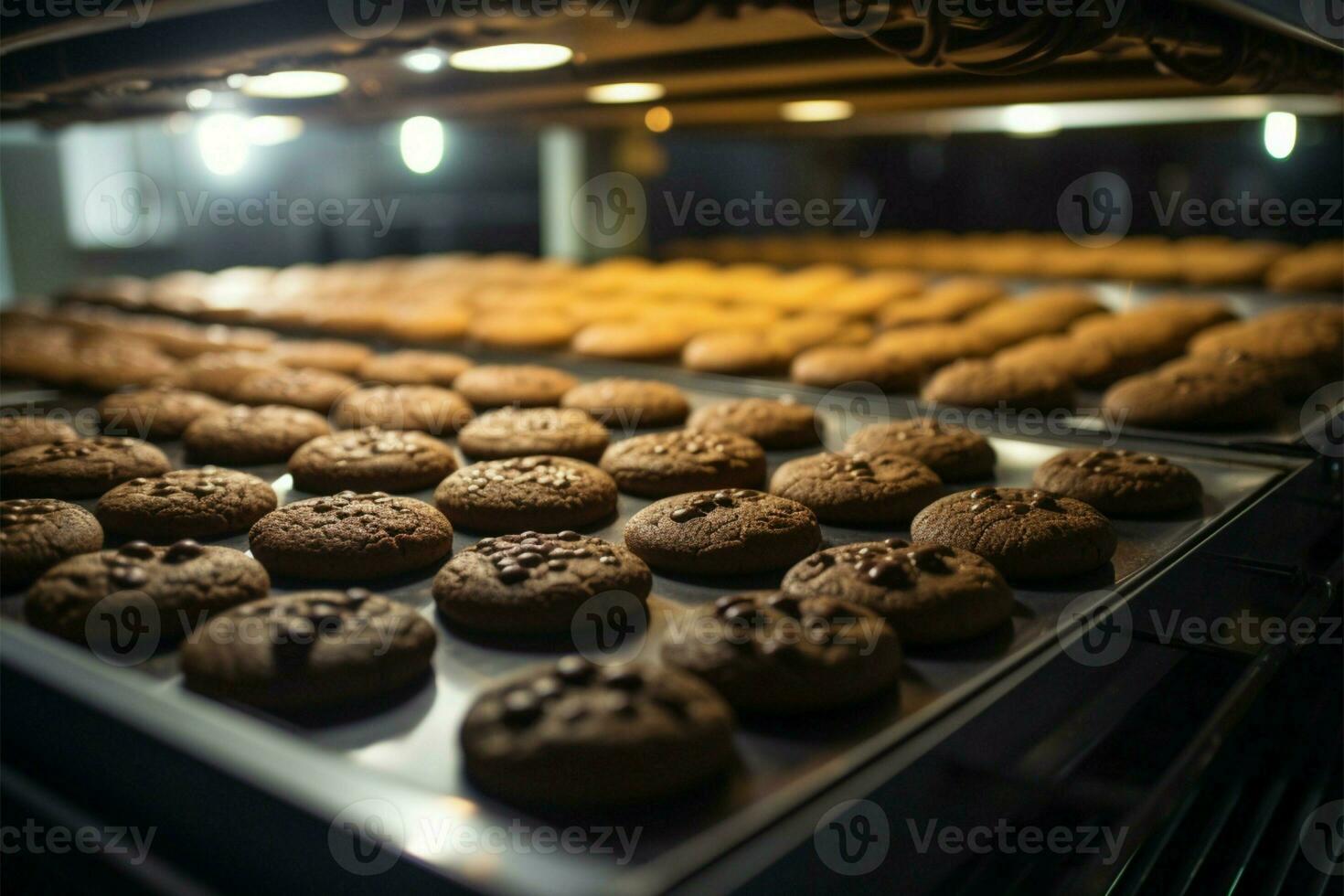 ai gerado precisão às trabalhos uma fábrica linha produz de dar água na boca chocolate biscoitos com eficiência foto