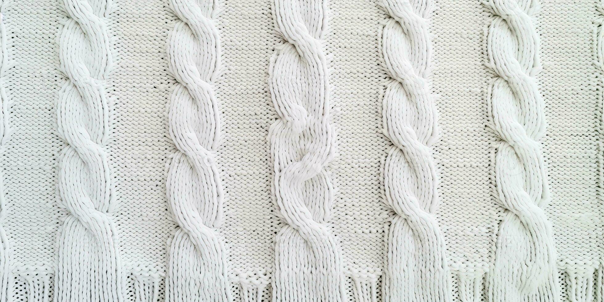 ai gerado lã suéter textura do branco cor com cabo tricô ponto padronizar. natural tricotado lã branco foto