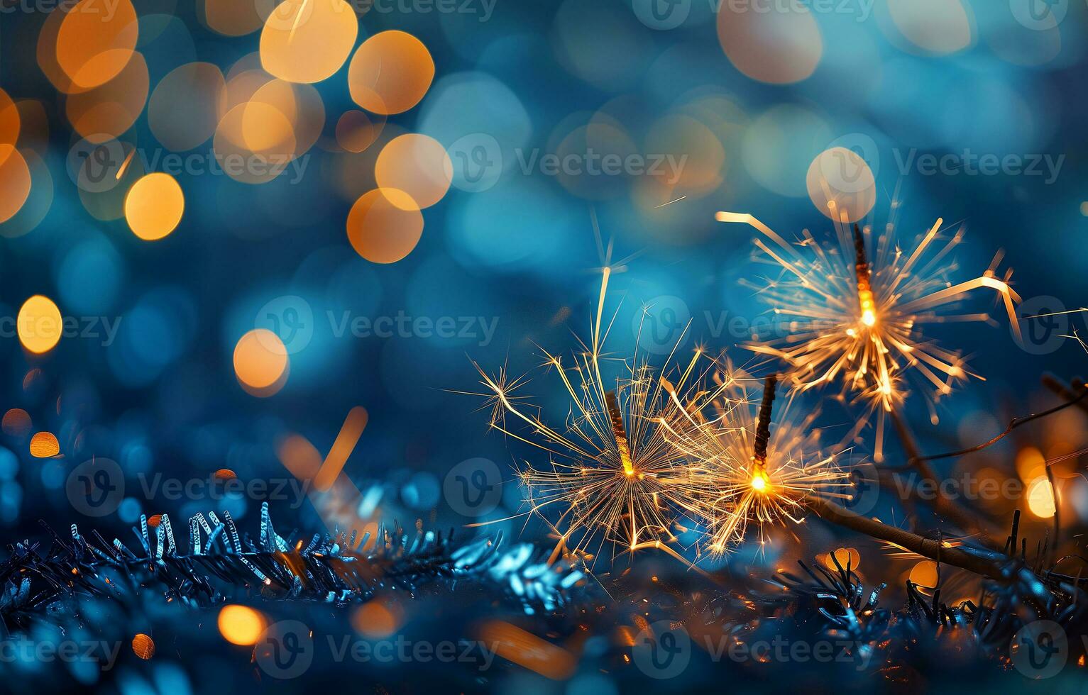 ai gerado dourado fogos de artifício, estrelinhas, festivo luzes em uma azul fundo. fotorrealista, fundo com bokeh efeito. ai gerado. foto