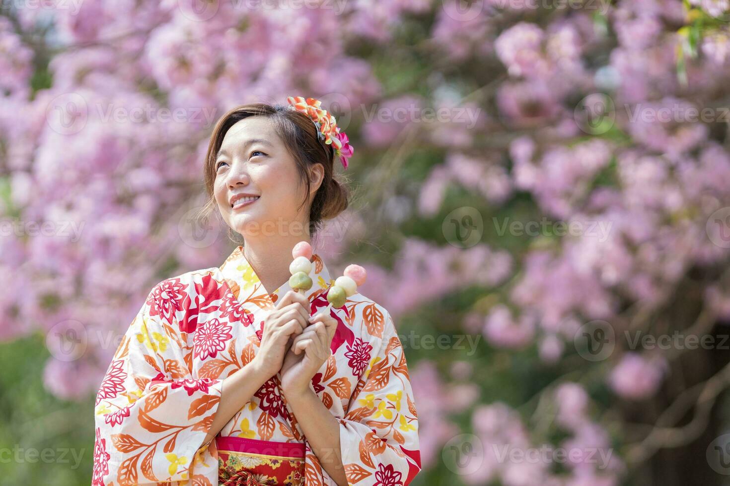 japonês mulher dentro tradicional quimono vestir segurando doce hanami dango sobremesa enquanto caminhando dentro a parque às cereja Flor árvore durante Primavera sakura festival conceito foto