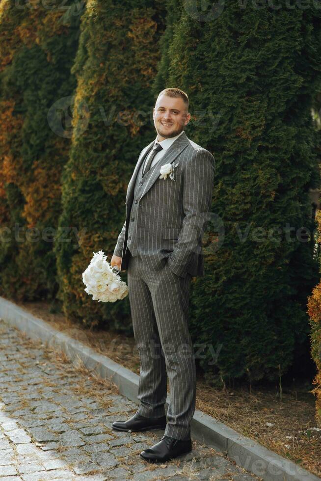 bonito noivo dentro a elegante terno. uma barbudo jovem homem dentro uma à moda gravata, uma branco camisa e uma elegante cinzento listrado colete. elegante retrato. foto