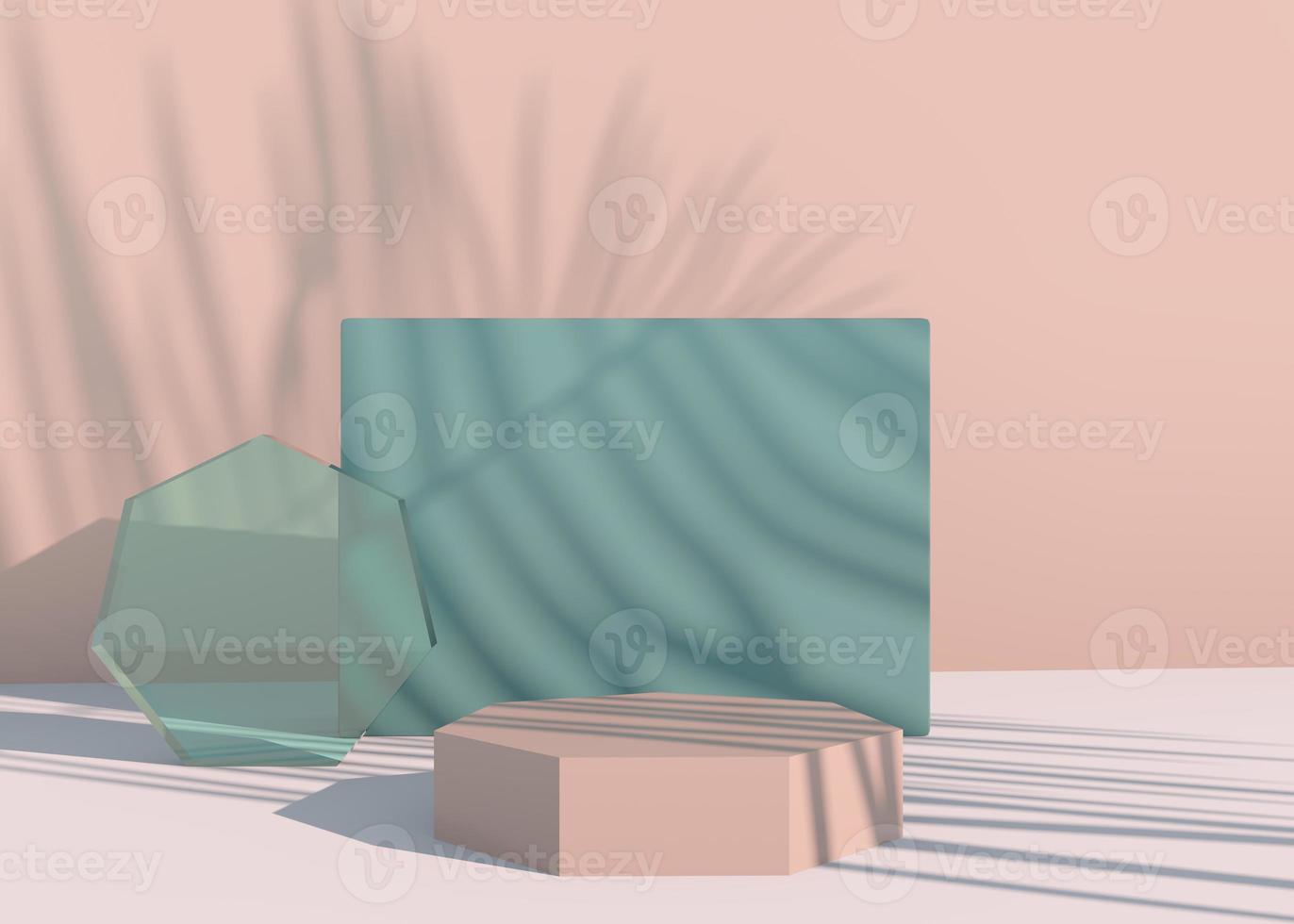 pódio com sombras de folhas de palmeira para apresentação de produtos cosméticos. vazio vitrine pedestal cenário simulado acima. 3d render foto