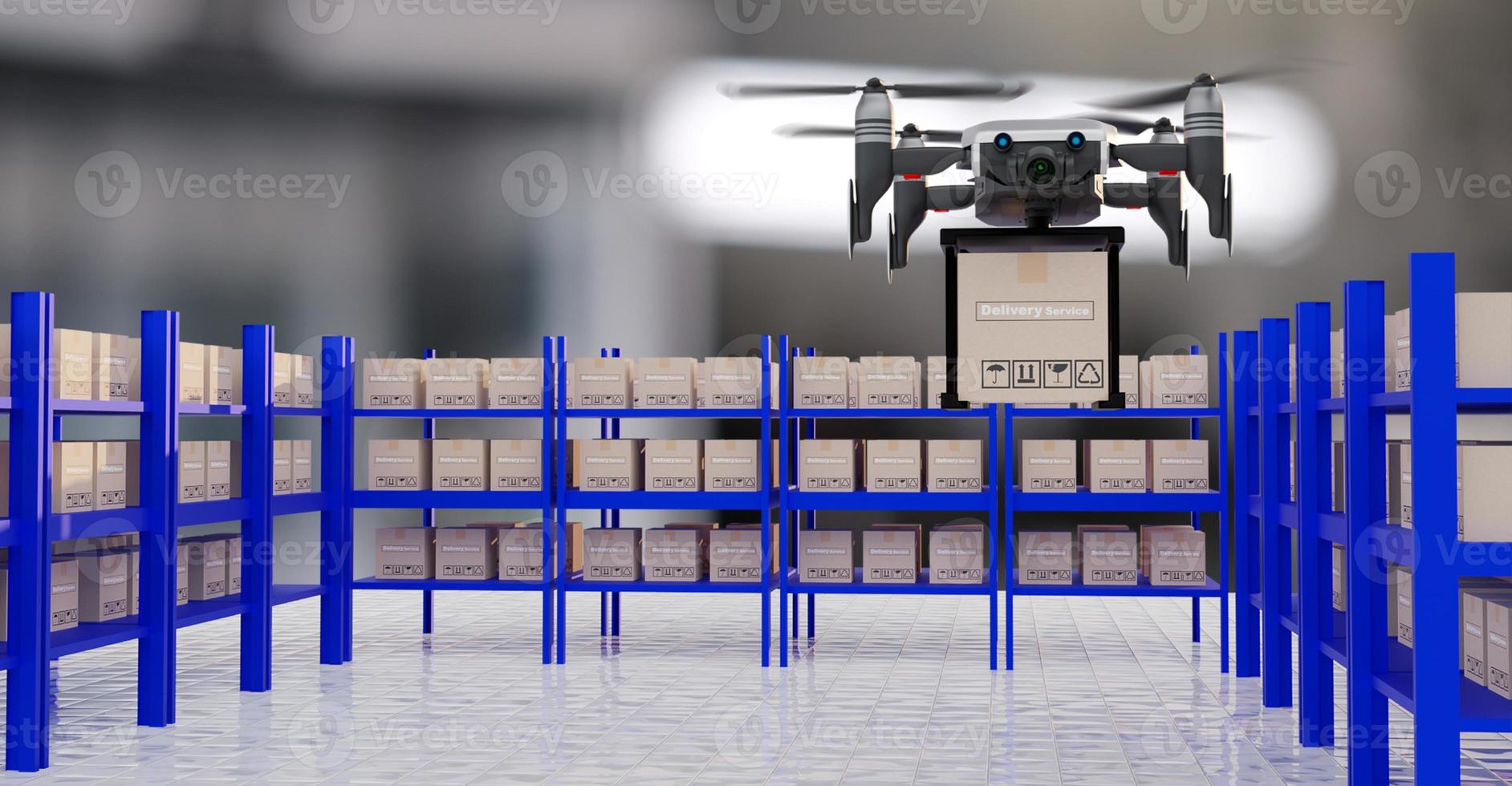 indústria de dispositivos de engenharia de tecnologia de drone voando em logística industrial exportação importação produto serviço de entrega em casa logística transporte transporte transporte ou peças de automóveis de automóveis renderização em 3D foto