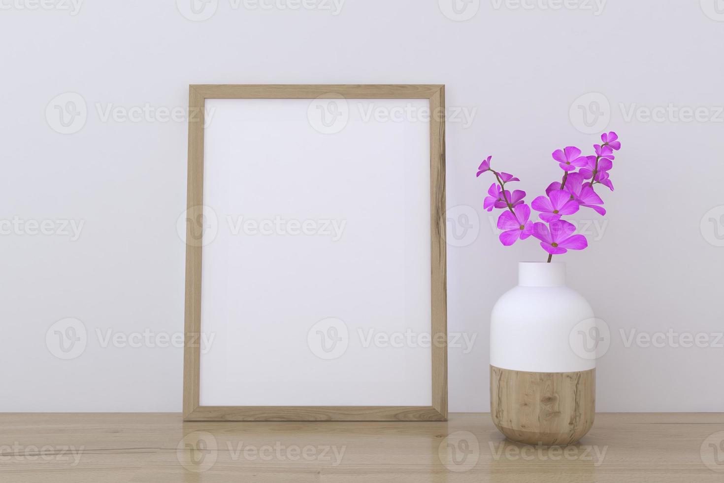 maquete de moldura de madeira com vaso de flores foto