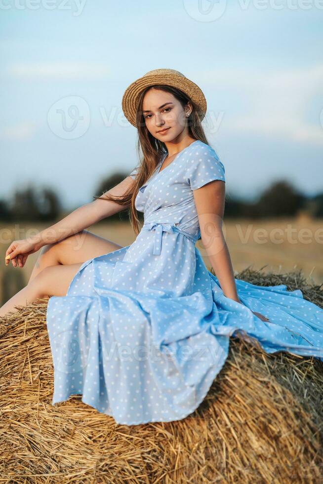 retrato do uma jovem garota. uma menina dentro uma azul vestir senta em topo do feno fardos - Alto qualidade foto. grandes em linha reta cabelo. agradável cor. verão. retrato foto