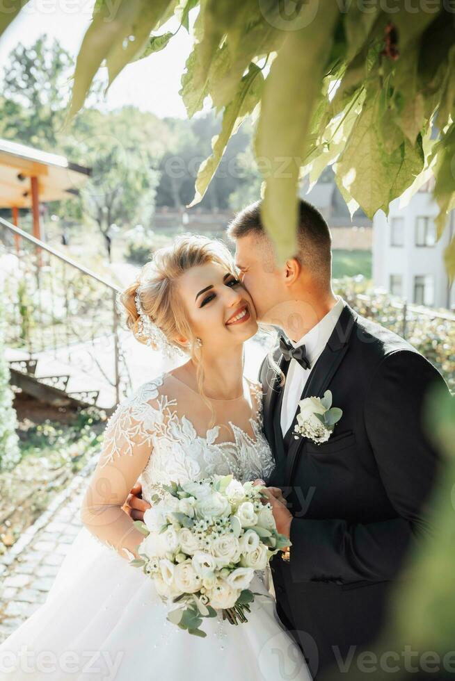 Casamento retrato. a noivo dentro uma Preto terno e a Loiras noiva ficar de pé de uma pedra parede debaixo uma árvore, a noivo Beijos a da noiva mão. foto sessão dentro natureza. lindo cabelo e Maquiagem