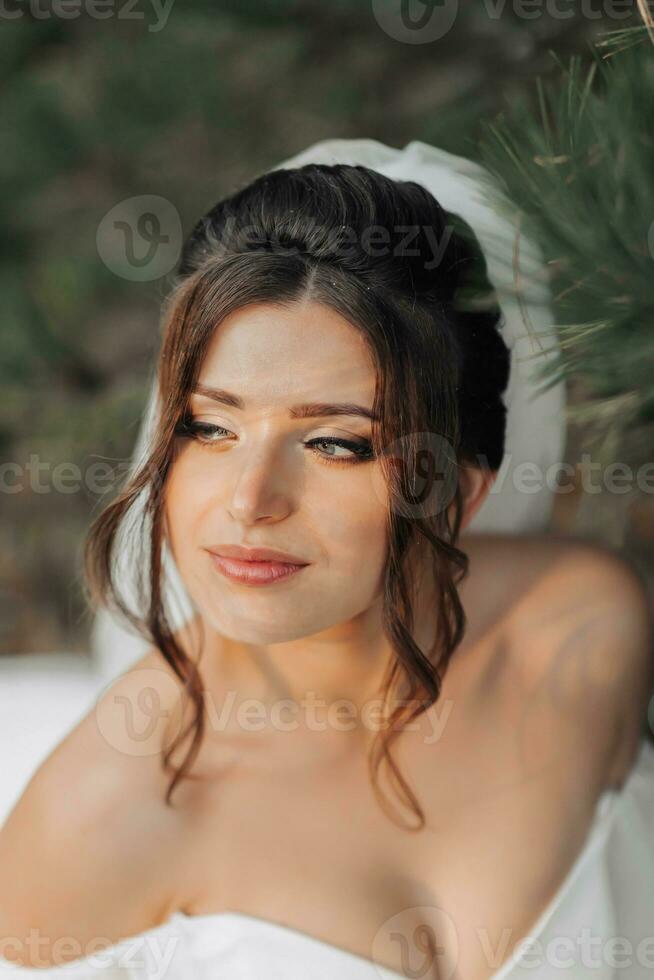 retrato do a noiva dentro natureza. uma morena noiva dentro uma branco volumoso vestir é sentado, posando perto uma conífero árvore, segurando uma ramalhete do branco rosas. lindo cabelo e inventar. caloroso luz foto